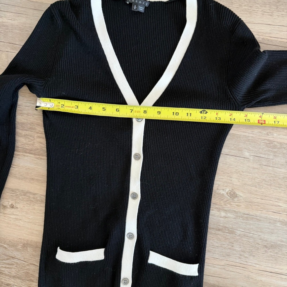 Theory Ribbed Knit Cardigan Black w/ White Trim V-Neck Button Front Women P S - Picture 4 of 6